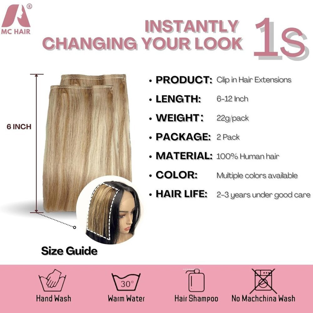 Human Hair Clip In Extensions 6 Inch Light Golden Brown Blonde Thin Hair - Picture 3 of 7